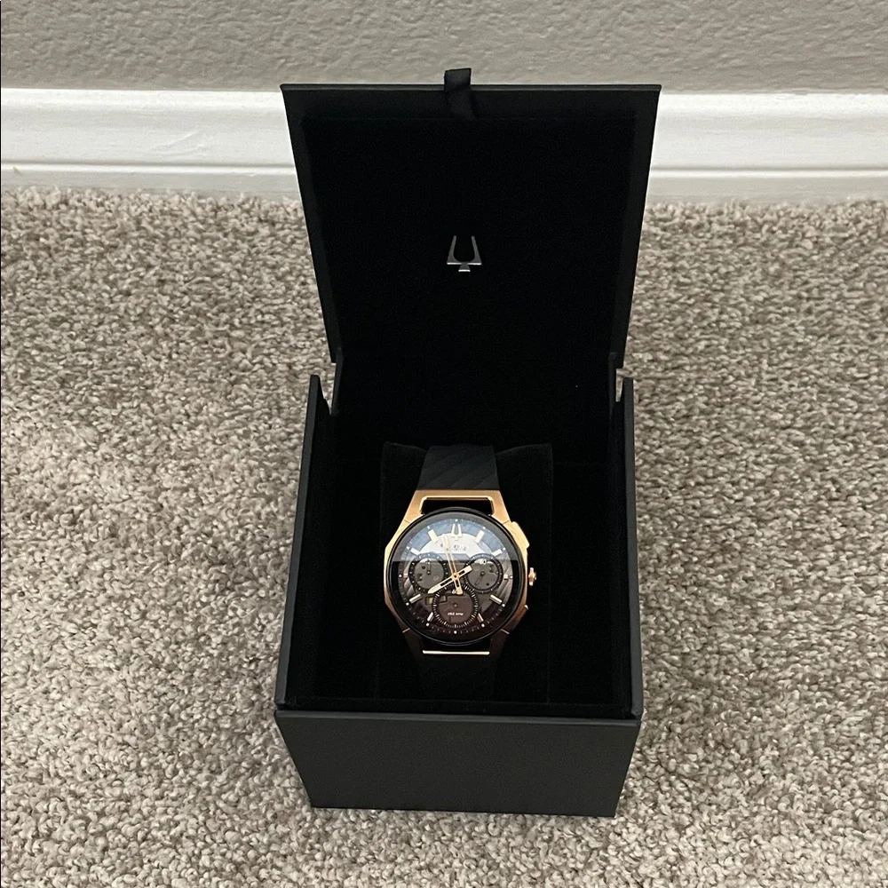 Bulova Curv Rose Gold Tone and Black Chronograph Watch - Picture 1 of 9